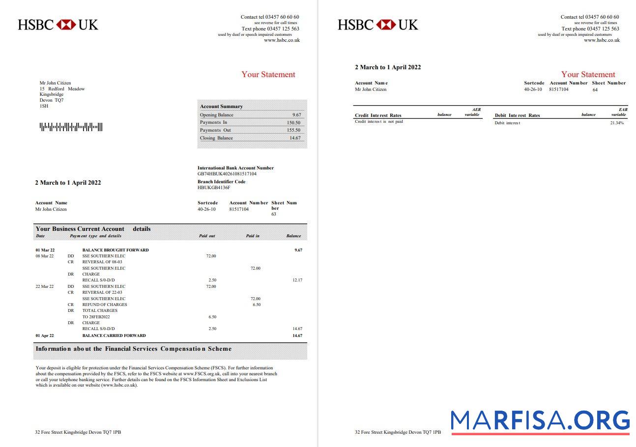 Printable United Kingdom HSBC bank business account statement word 3 pages example